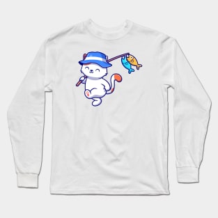 Cute Cat Fishing With Rods And Hat Long Sleeve T-Shirt